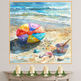 Watercolor Painting of Beach Ball and Seashells on Shoreline with Gentle Waves and Sunlit Sand for Coastal Summer Vibes on Ready to Hang 1.5" Thick Canvas Wrap, Floating Framed Canvas, Flat Rolled Canvas